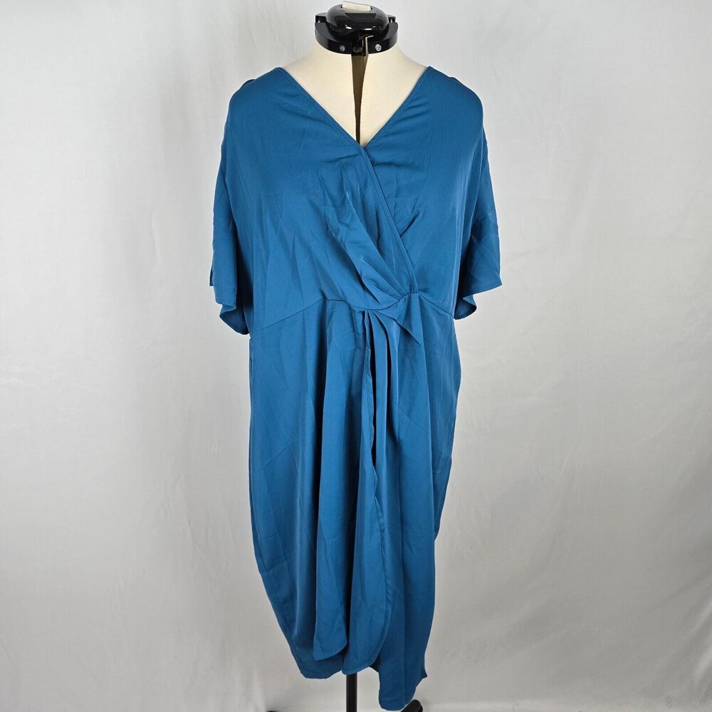 Bloomchic Dress Women's 3X Blue Wrap Midi Short Sleeve Ruffles Plus Size NWT